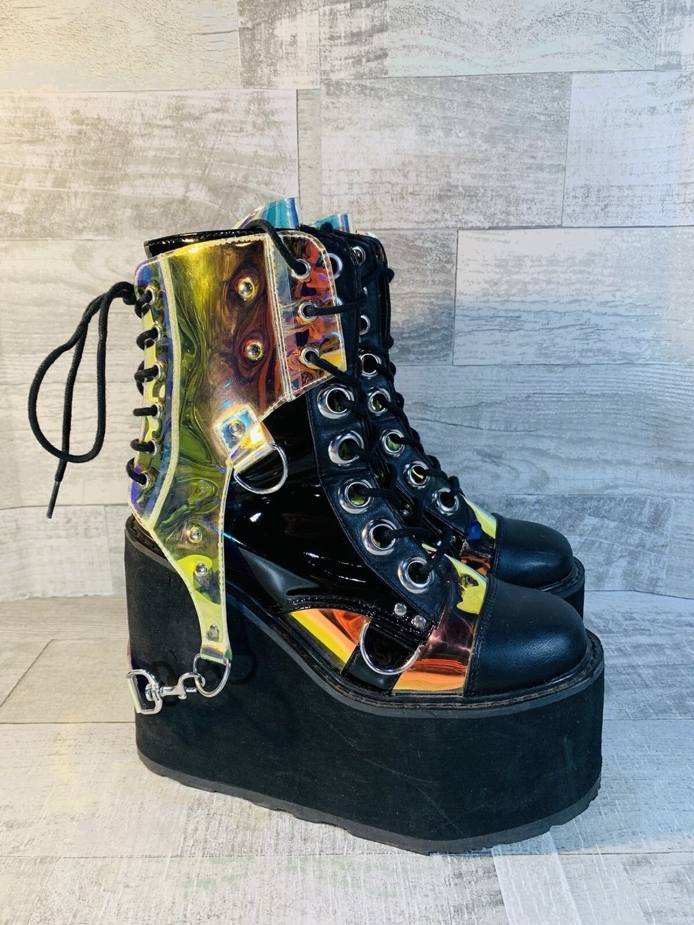 Holographic Black Platform Lace-Up Ankle Boots